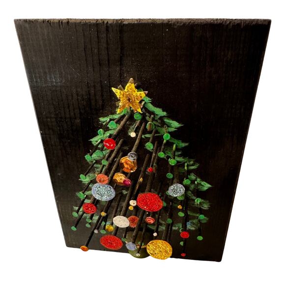 Vintage Handmade Nail Art Christmas Tree Plaque | Mixed Media Wood Decor - Picture 9 of 11